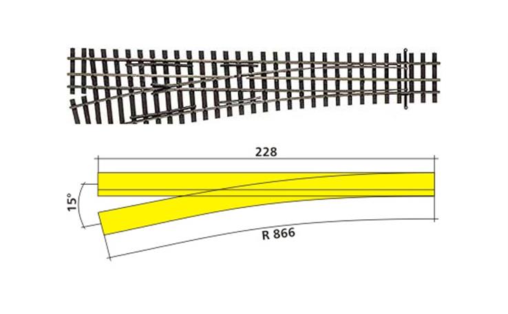 Dreischienen-Schmalspurweiche DSSW H0/H0m-H0 links