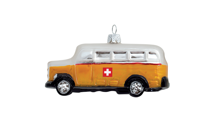 Glas Ornament Postauto mit CH-Kreuz, 10.5 x 3.5cm