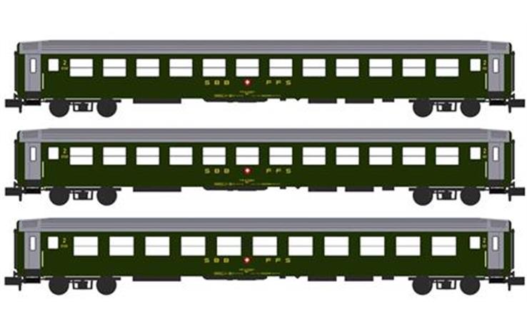 Kato 23011 Personenwagen-Set 3-tlg RIC 2.Klasse Wagen altes LogoSBB, Spur N