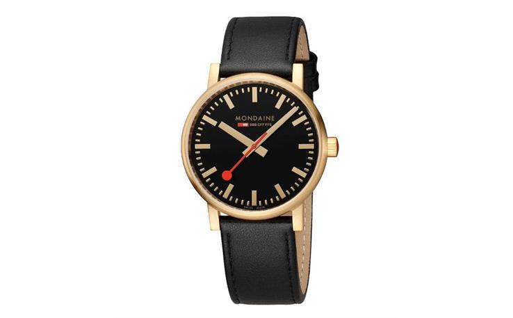 MONDAINE, EVO2 40mm, goldene Edelstahluhr mit Lederarmband