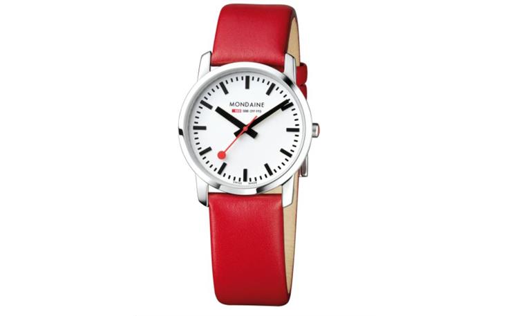 MONDAINE Simply Elegant 36 mm, rote Lederarmbanduhr