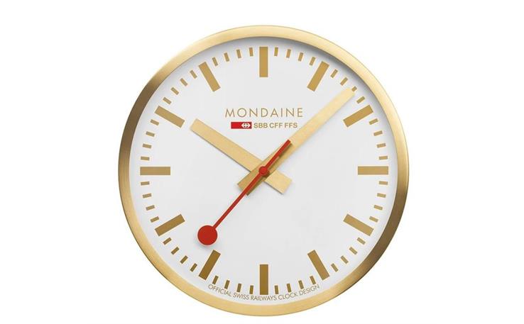 MONDAINE, Wanduhr 25cm, Gold, Original Bahnhofswanduhr