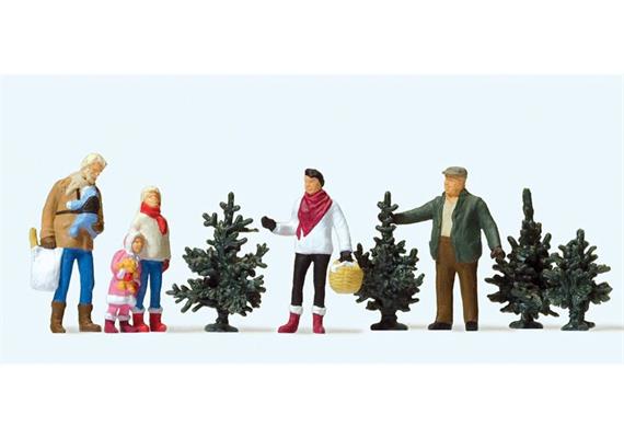 Preiser 10627 Weihnachtsbaumverkauf, Set mit 5 Figuren und Zubehör