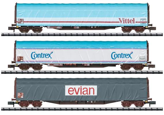 Trix 15375 Schiebeplanenwagen-Set "Mineralwassertransport" SNCF, Spur N