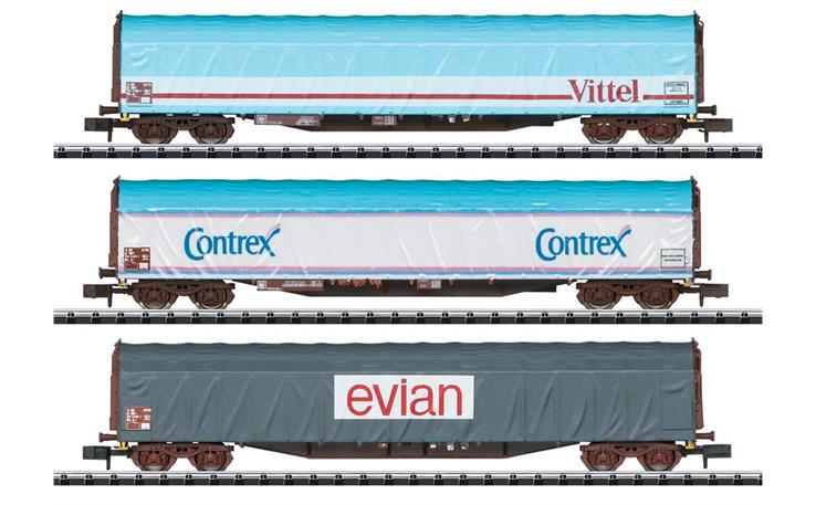 Trix 15375 Schiebeplanenwagen-Set "Mineralwassertransport" SNCF, Spur N